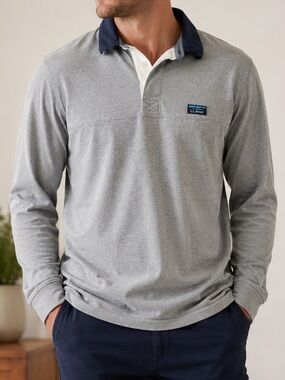 L.L. Bean Mens Long Sleeve Rugby Polo Shirt Size Large Gray Cotton Preppy Casual